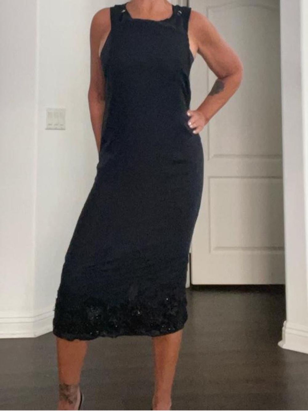 NWOT Ty Stephano Atelier Black Avant Garde Midi Dress with Beaded Detail.